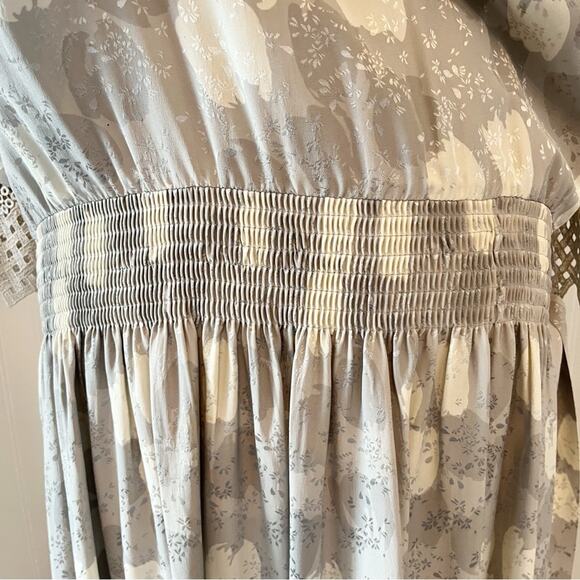 Vintage 80s Dress 100% Silk Drop Waist Sailor Collar Puff Sleeve Gray Cream 8 - Picture 9 of 10